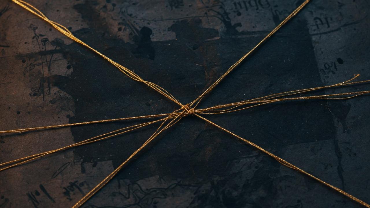 Four gold threads crossing on a dark manuscript page
