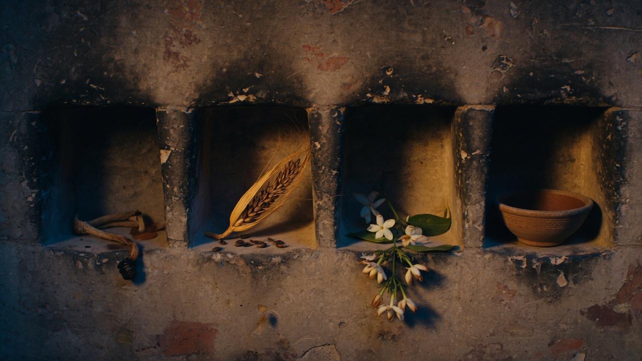 Four stone alcoves each holding a different quiet object