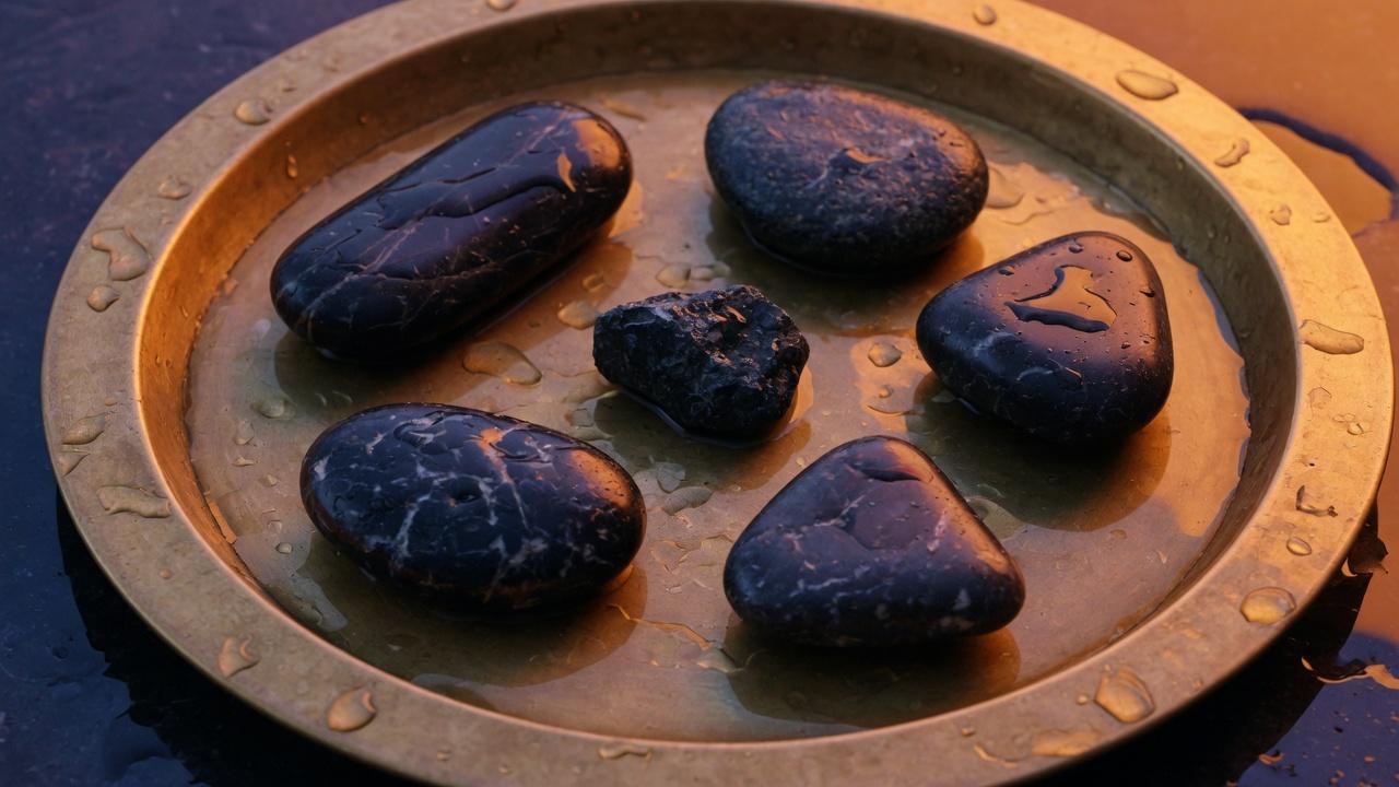 Five dark river stones in a shallow brass tray