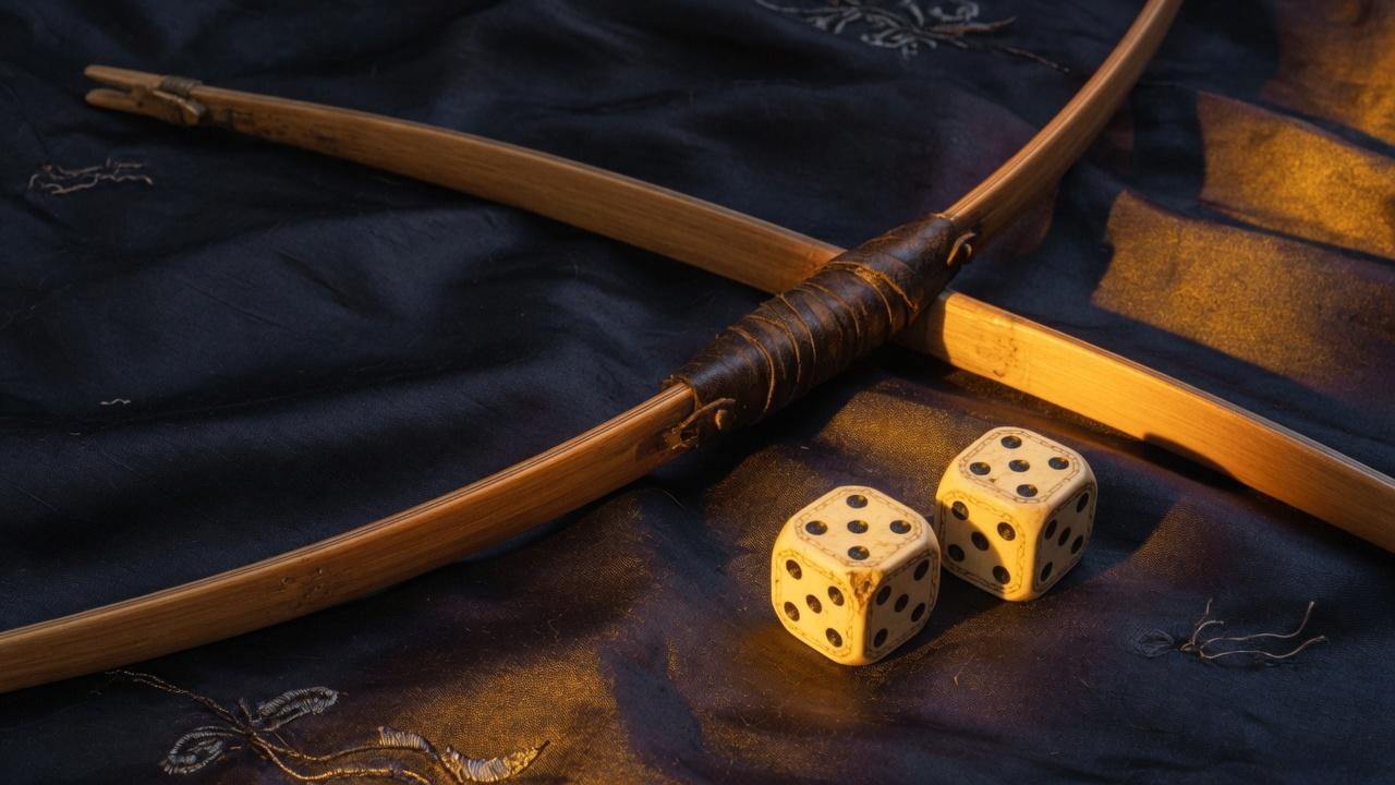 An unstrung bow and ivory dice on dark silk