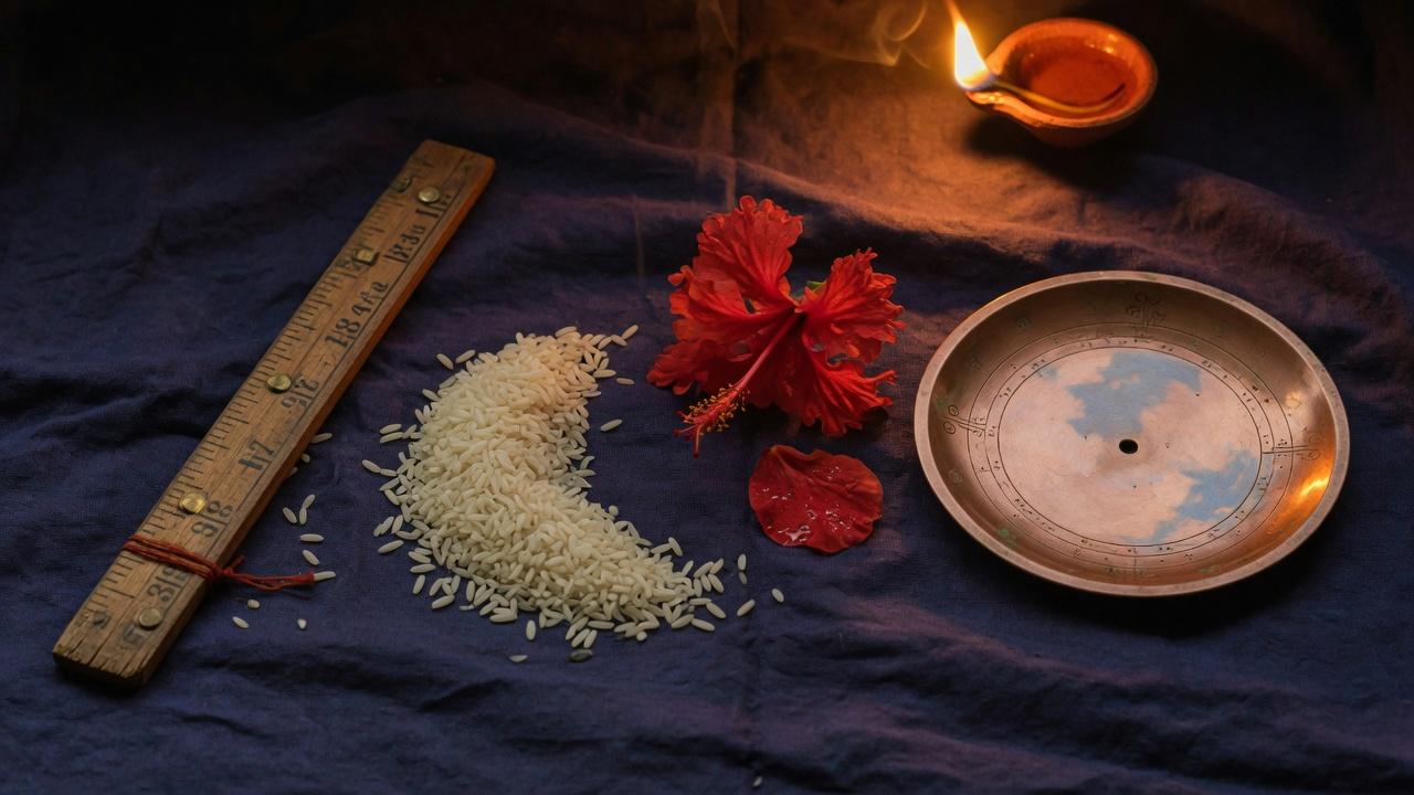 A measuring rod, rice, a flower, and a bronze disc on dark cloth