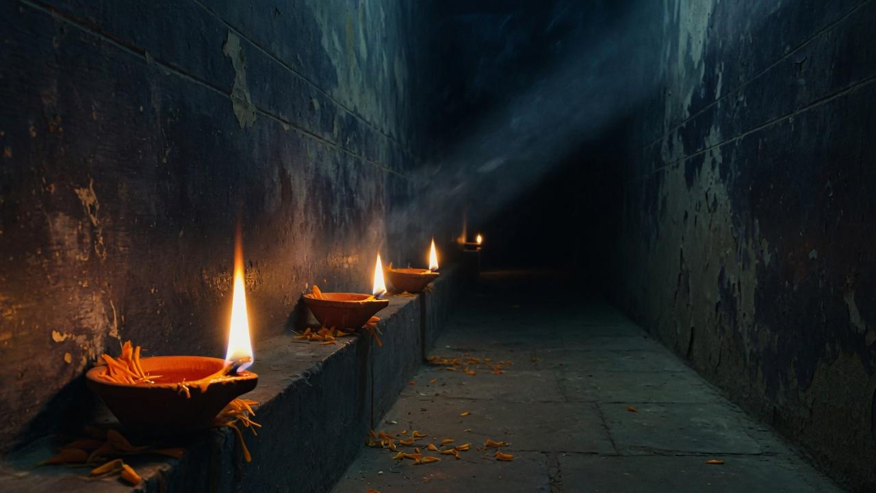 Four decreasing saffron lamps receding down a dark corridor