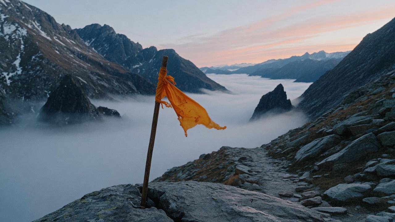 A saffron cloth tied to a staff in a mountain pass at dawn