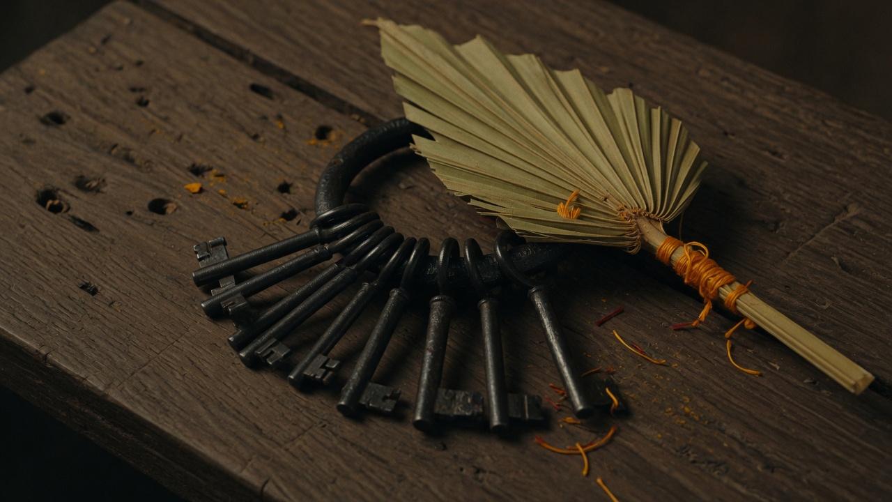 A closed iron ring of keys and a palm-leaf tied with saffron thread