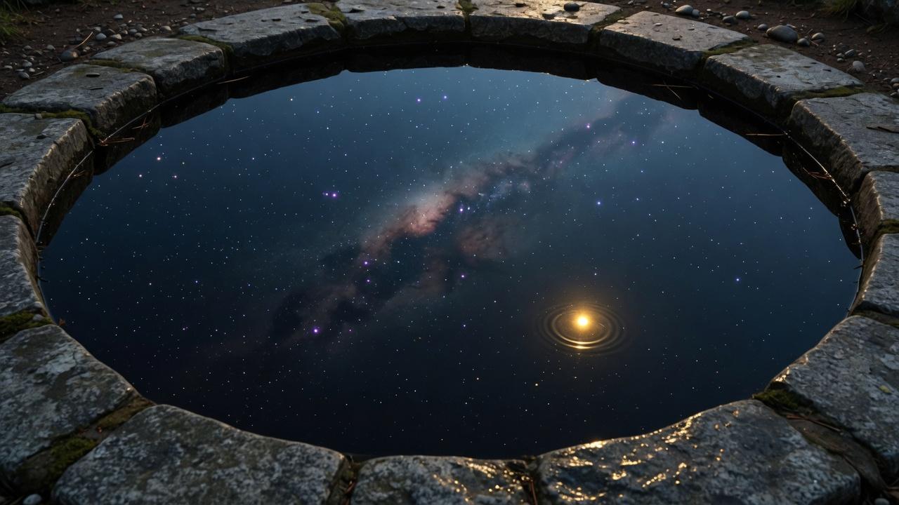 A night sky reflected in a still well with one gold grain of light
