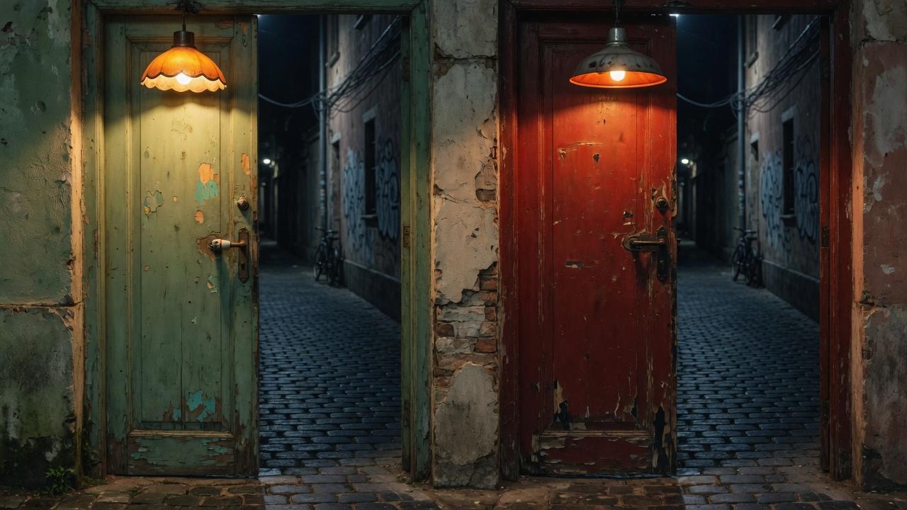 Two different wooden doors ajar onto the same dark lane