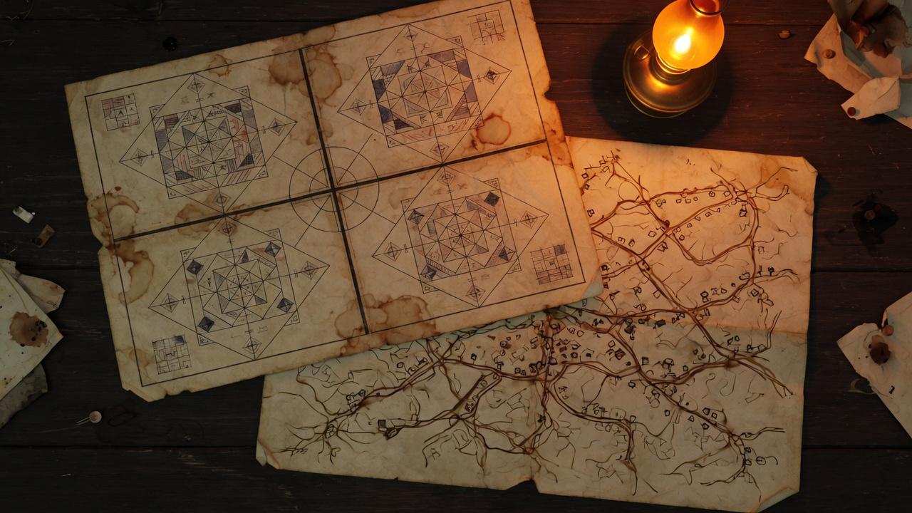 Two overlapping weathered maps on a dark table