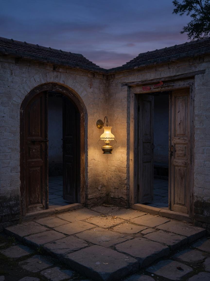 Two ancestral doorways opening onto a dusk courtyard