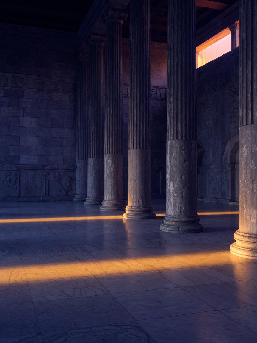 An empty stone assembly hall with a bar of dawn light