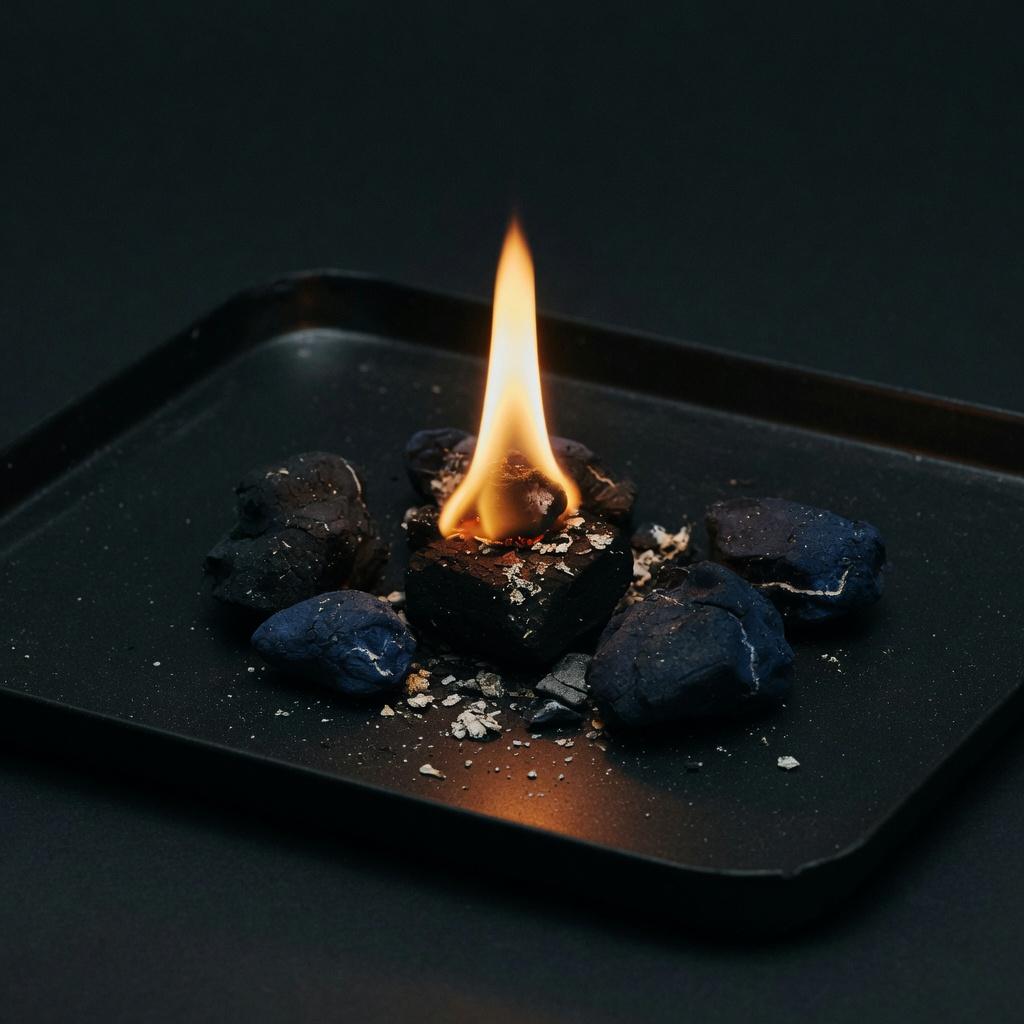A single small flame rising from dark charcoal
