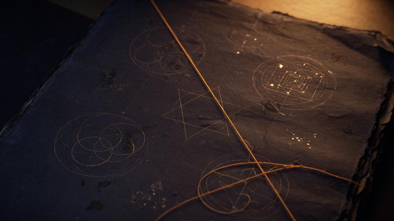 A dark manuscript with a thin saffron thread lying across the page