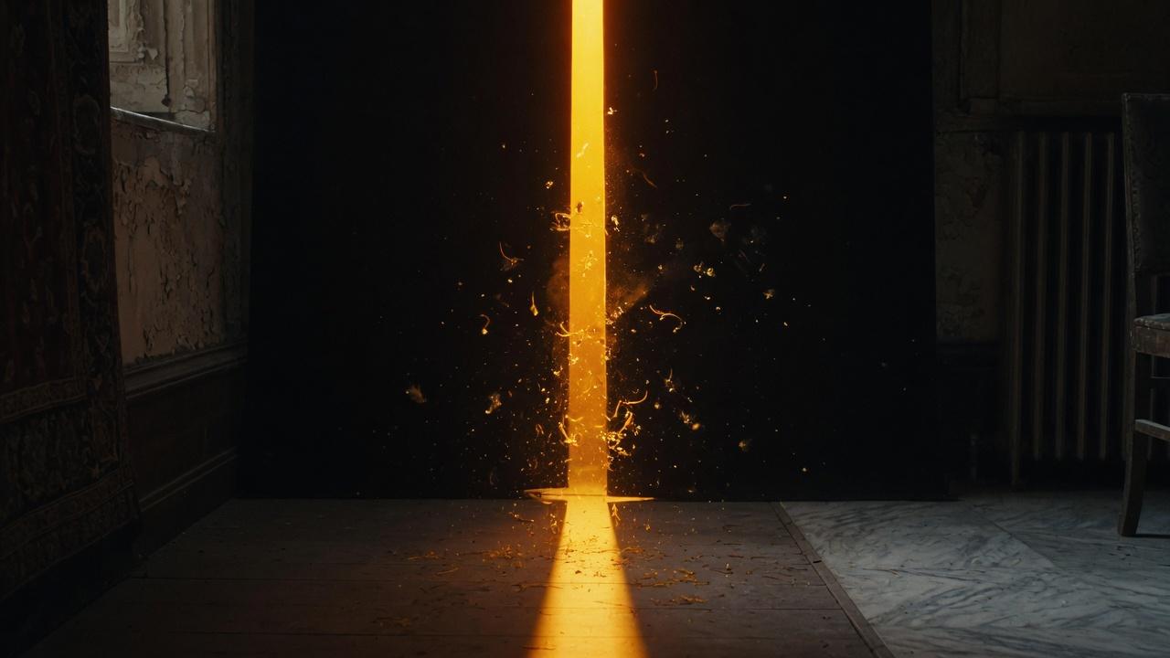 A single sharp blade of saffron light cutting a dark room in two