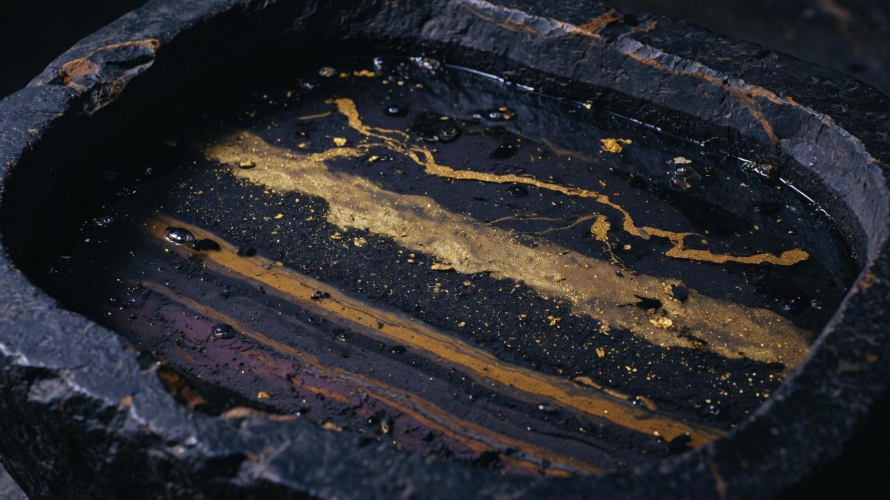 Gold dust settling in layered sediment in a dark stone basin