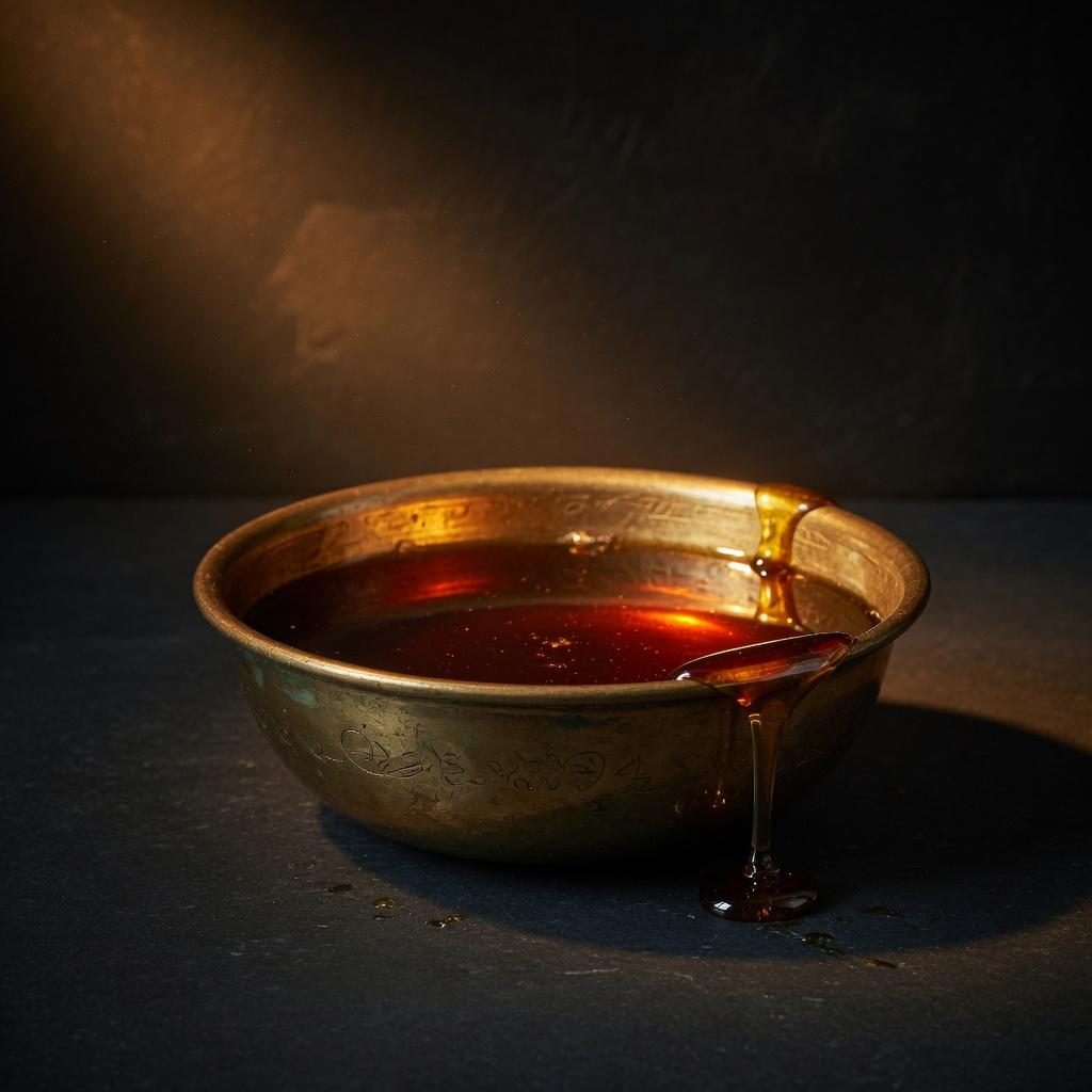 A brass bowl of honey in saffron lamp light