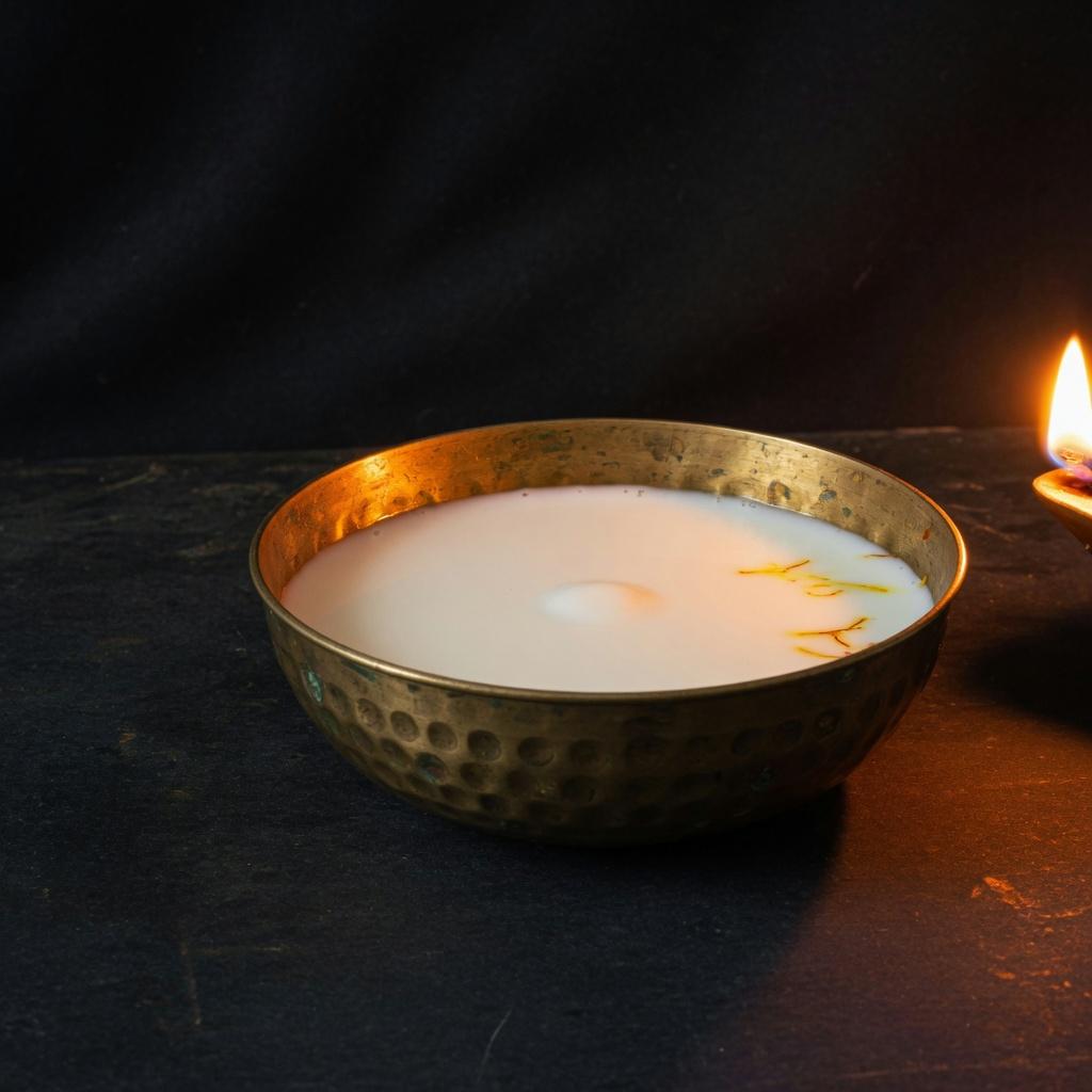 A brass bowl of milk in saffron lamp light