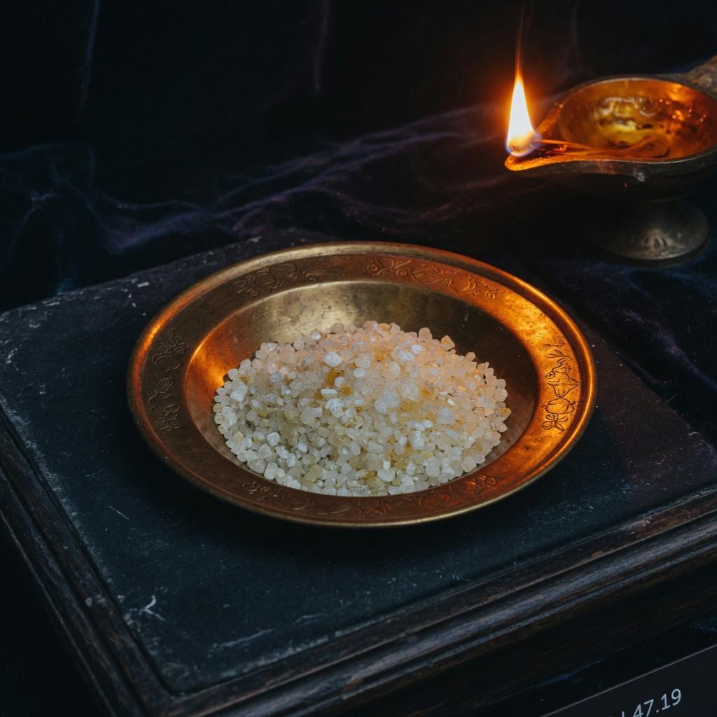 A brass dish of sugar crystals in saffron lamp light