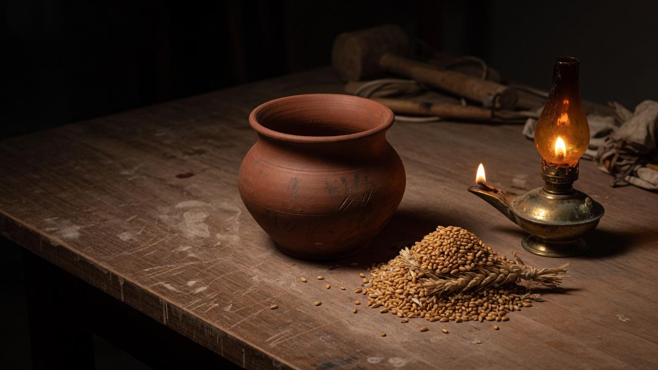 A finished clay vessel on a workbench beside a small stack of grain