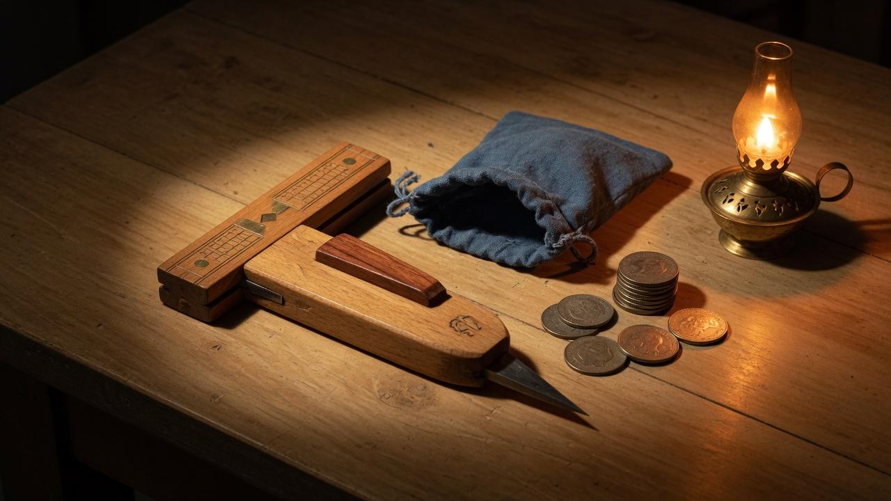 A finished tool on a table beside coins and an empty cloth pouch