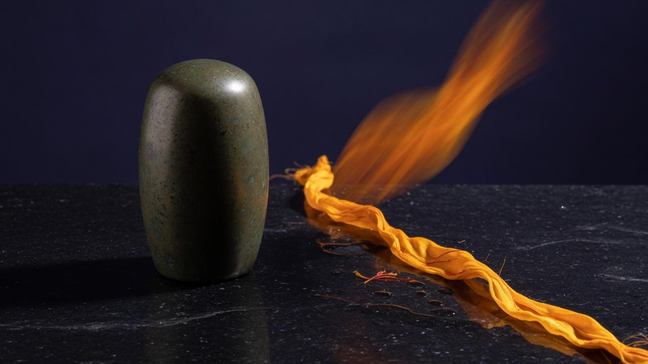 A still bronze stone beside a thin ribbon of moving saffron silk
