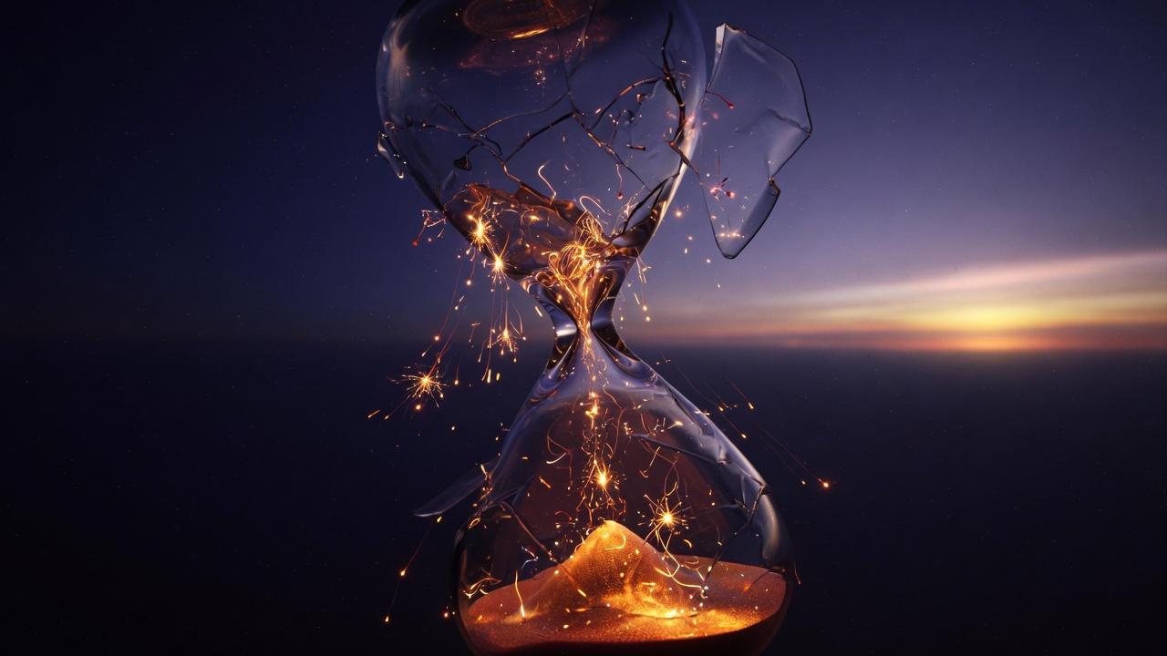 An hourglass of saffron sparks against a dark field and a distant dawn