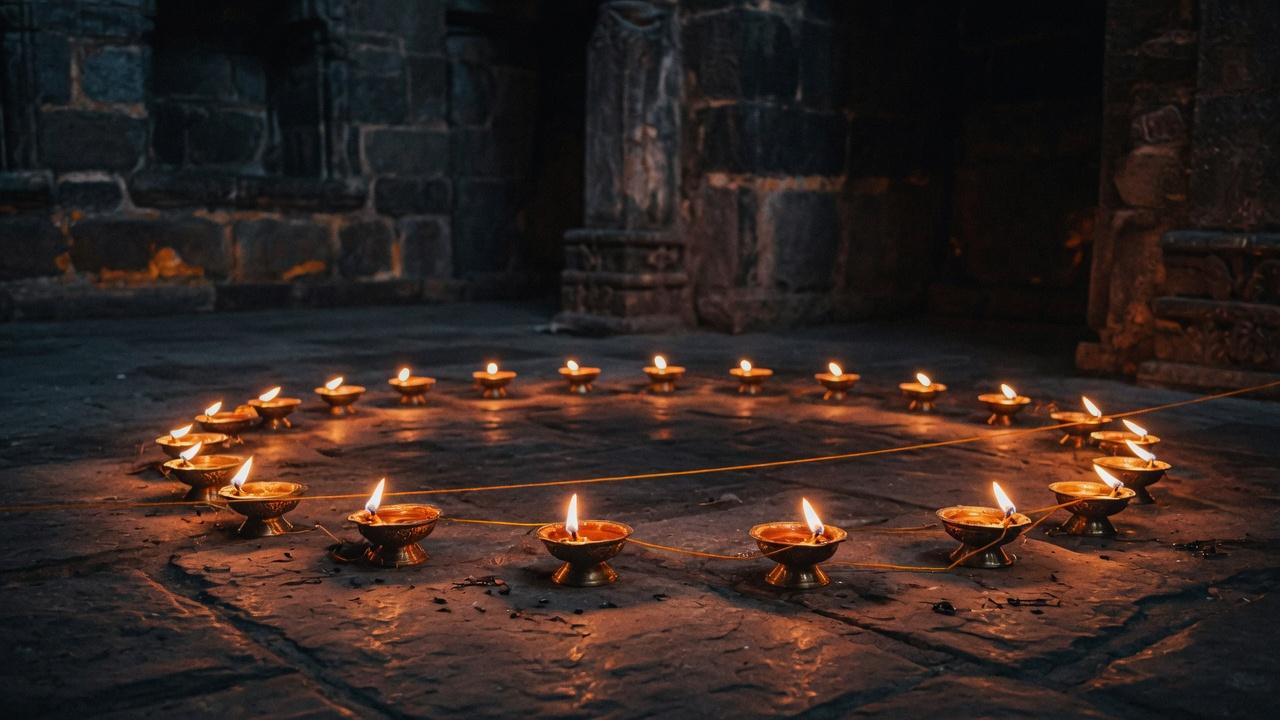 Many oil lamps in a dark stone hall bound by one saffron thread
