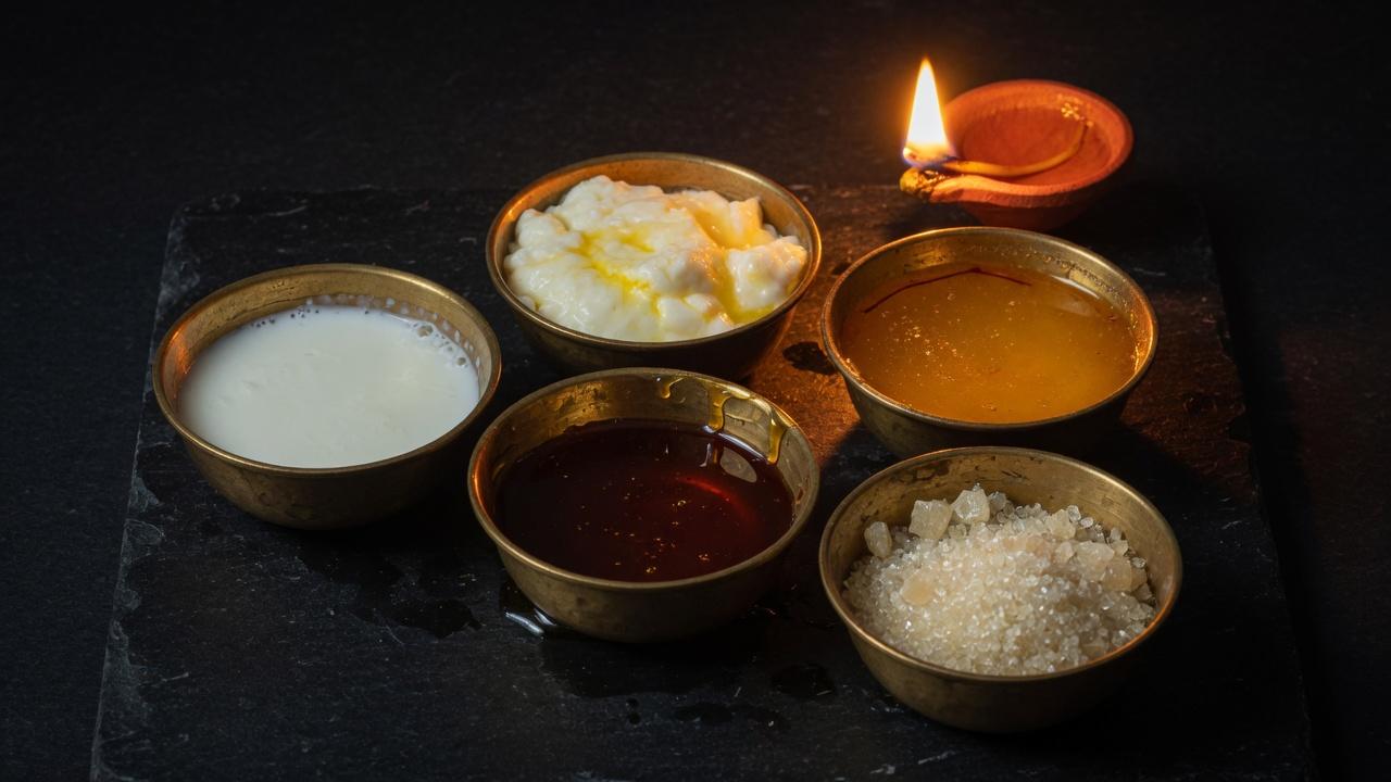 Five brass bowls of milk, curd, ghee, honey, and sugar in saffron lamp light