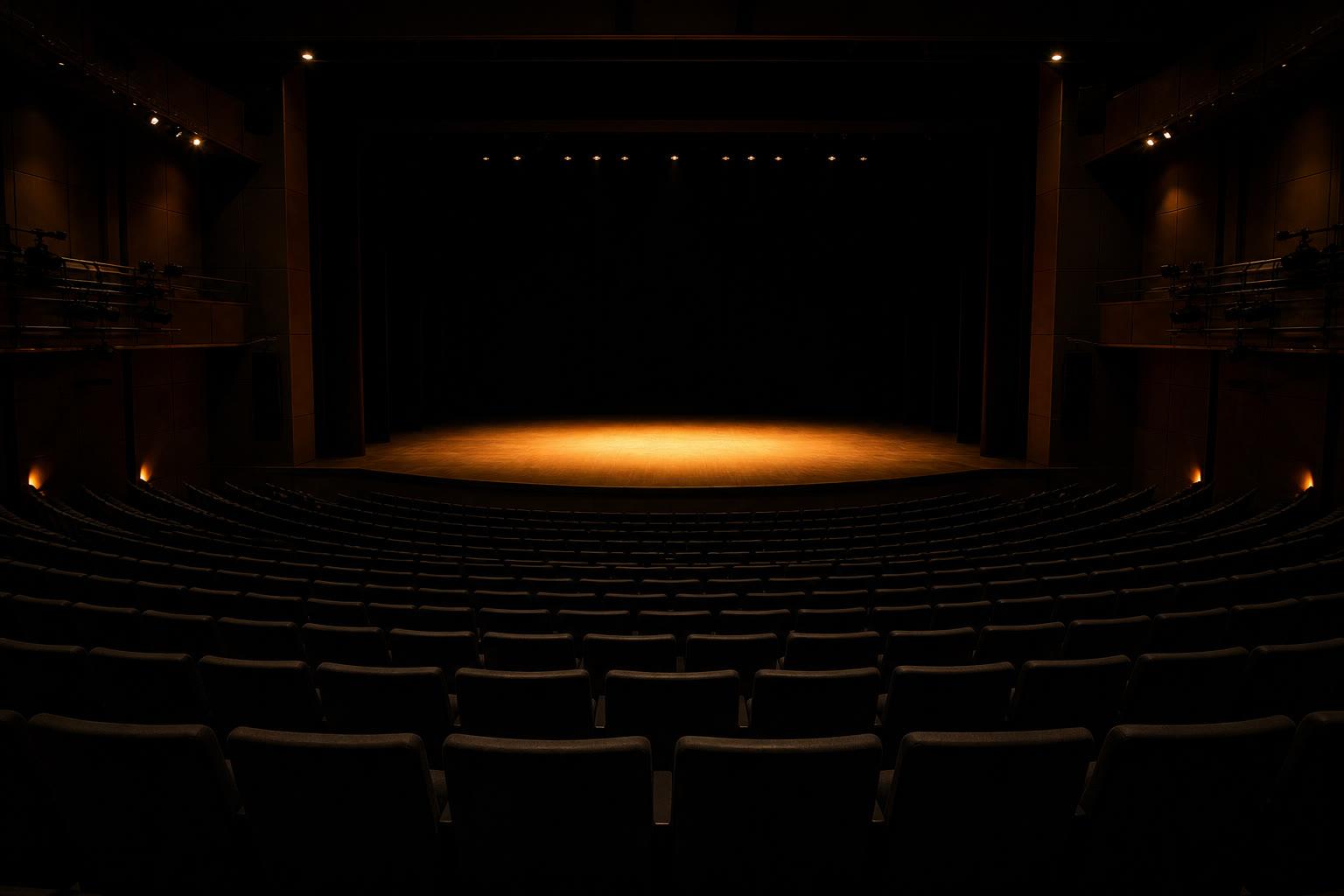 Empty dark theatre with one warm light on the stage, holding image for the Madison Square Garden oneness gathering