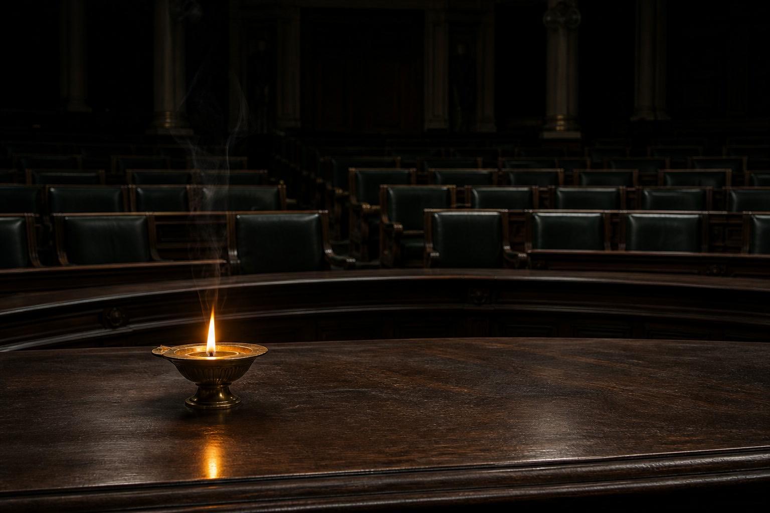 Empty legislative chamber with a single brass diya on a dark desk, holding image for the California Diwali resolution