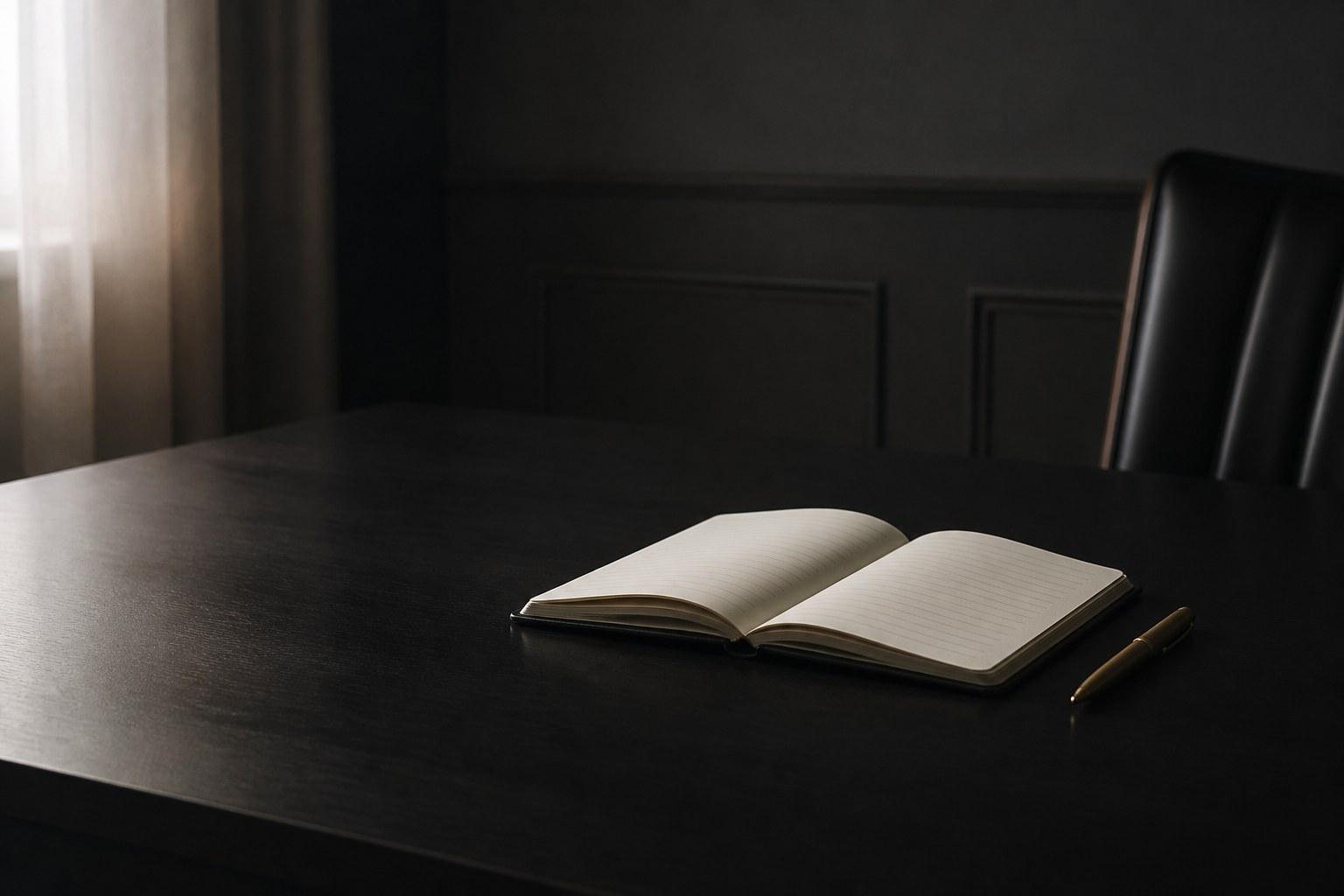 Empty dark desk with open notebook and brass pen, holding image for the IBTimes UK interview