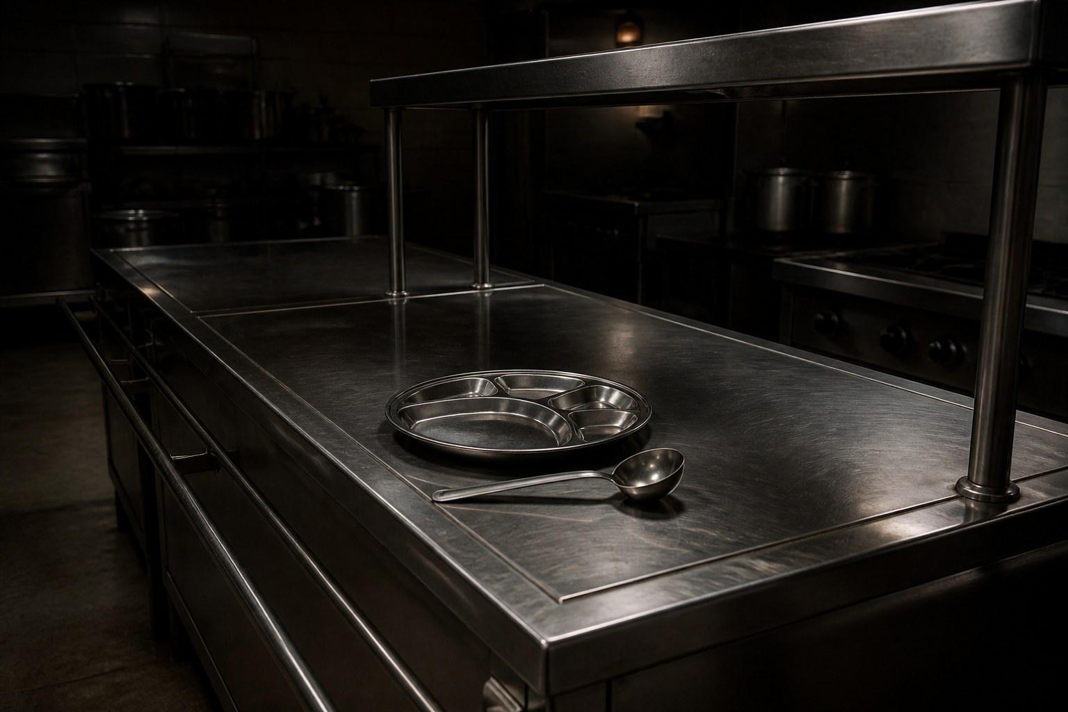 Empty stainless thali and ladle on a dark kitchen table, holding image for the Zero Hunger meal milestone