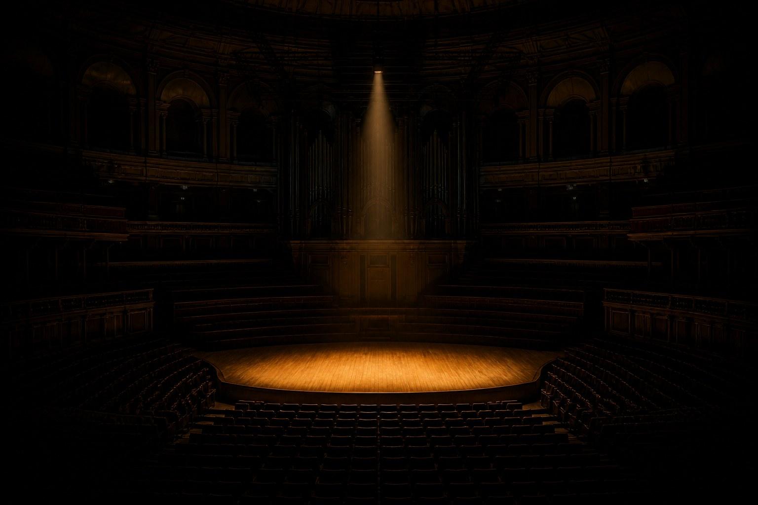 Empty dark hall with one amber spotlight on a wooden stage, holding image for the London Celebration of Oneness
