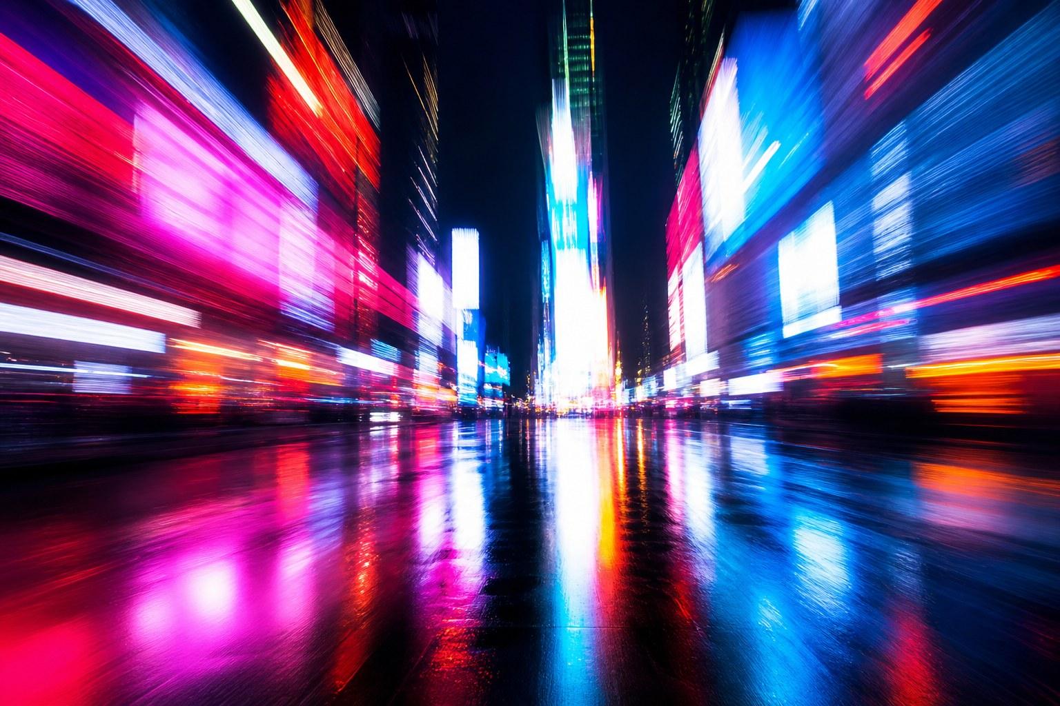 Abstract neon light streaks on a wet night street, holding image for the Times Square billboard moment
