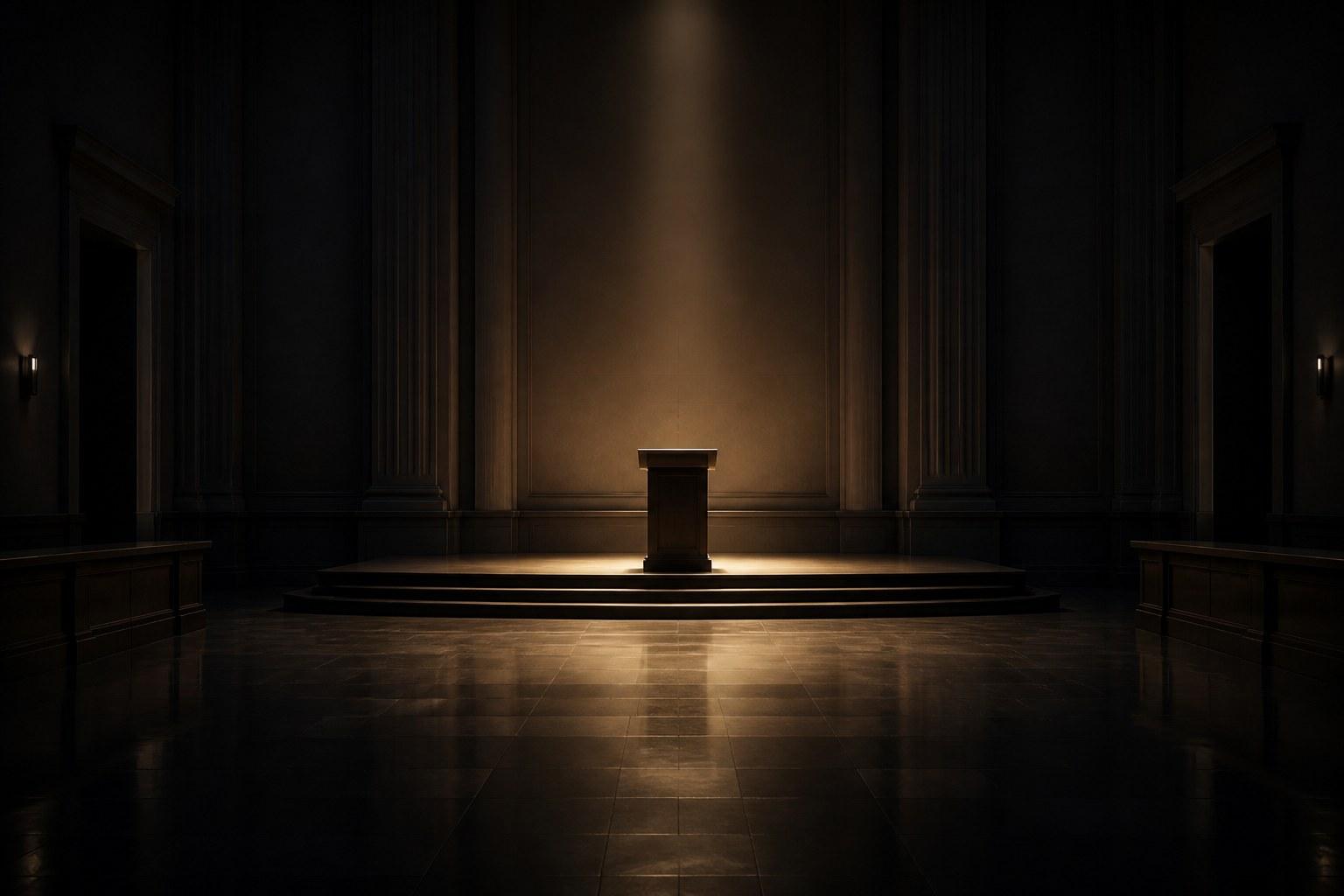 Empty dark podium under one warm spotlight, holding image for the Toronto Vishwa Bandhu gathering