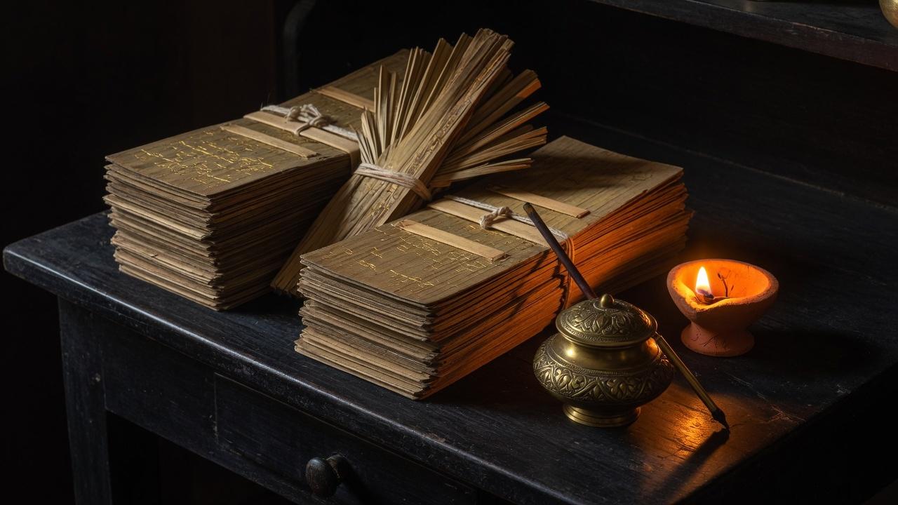A study desk of palm-leaf manuscripts and a saffron lamp