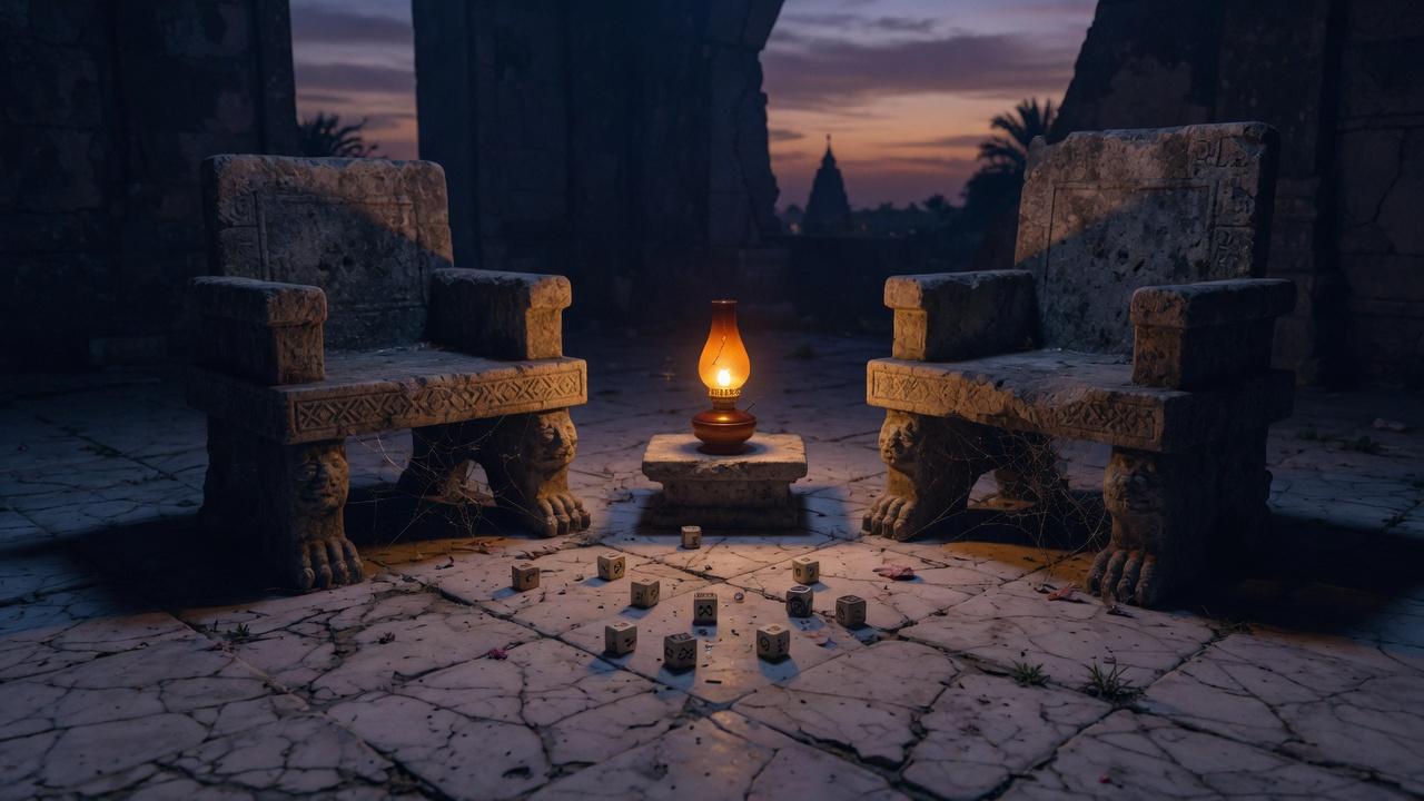 Two facing stone seats across a cracked floor with scattered dice