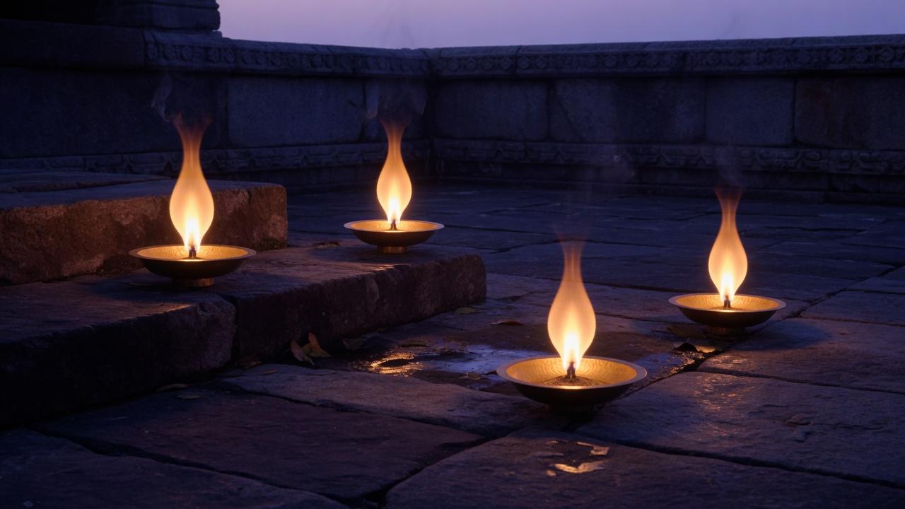 Four gold lamp flames burning evenly in a dark stone courtyard
