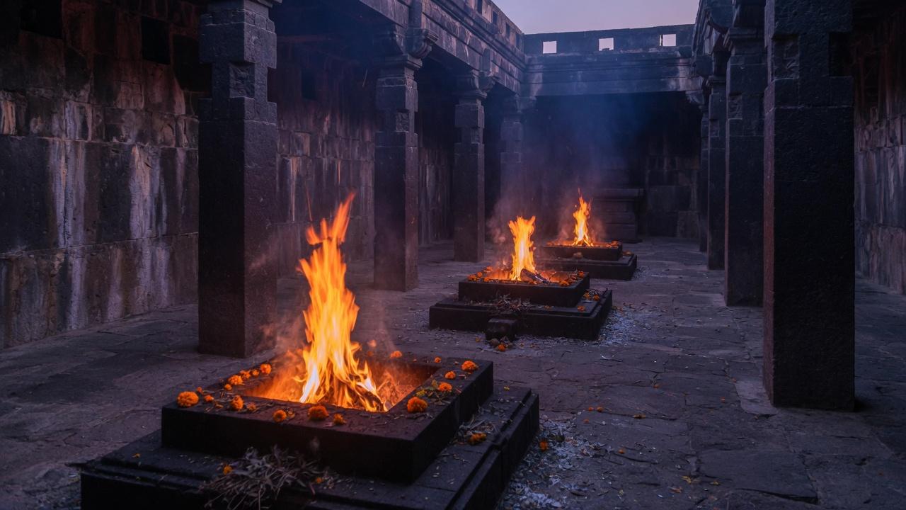 Three ritual fire altars receding in a stone hall at dusk