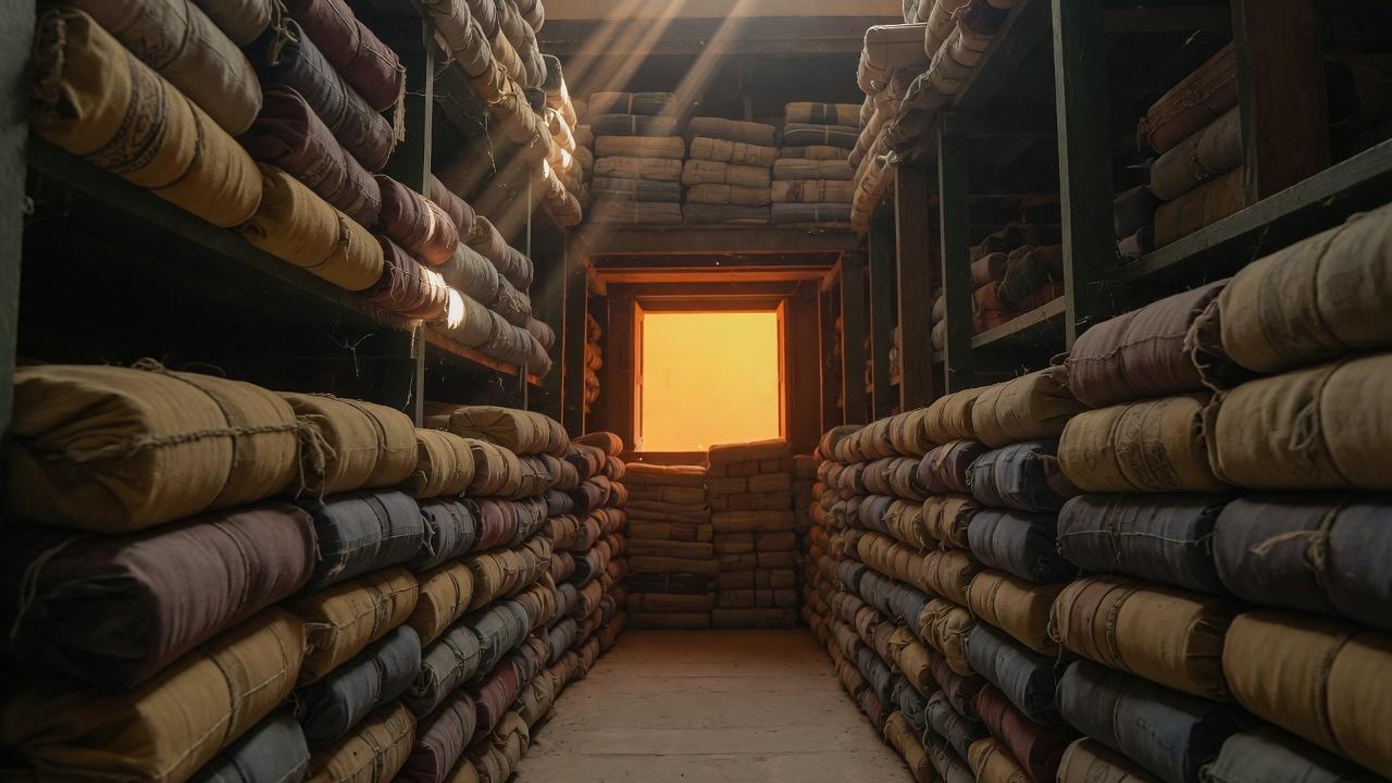A long aisle of cloth-wrapped bundles receding to a square of saffron daylight