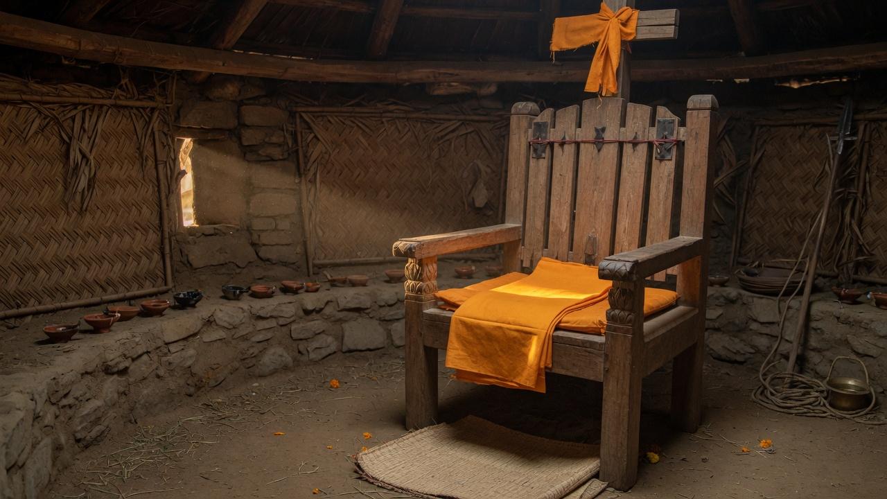 An empty wooden throne with saffron cloth folded on the seat