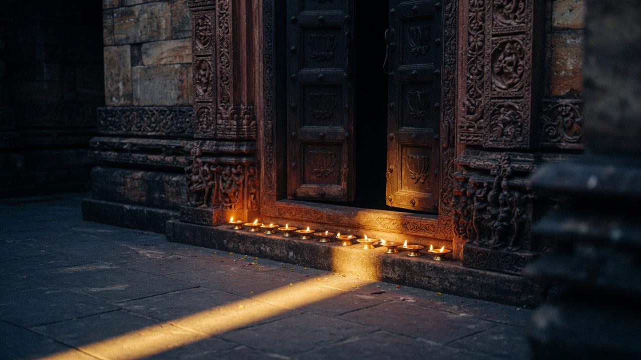 A carved stone temple doorway at night, oil lamps along the threshold