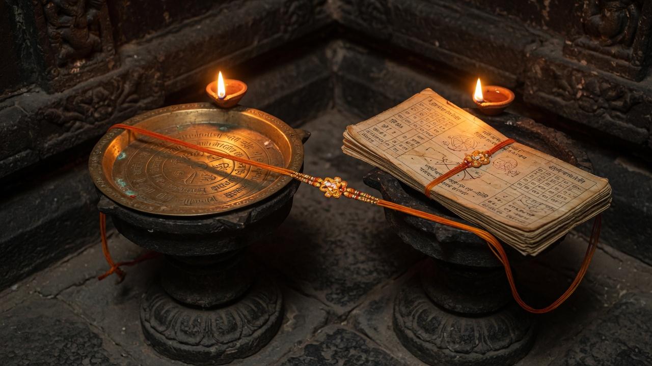 Two stone lamp-stands bound by a single saffron thread in a dark hall